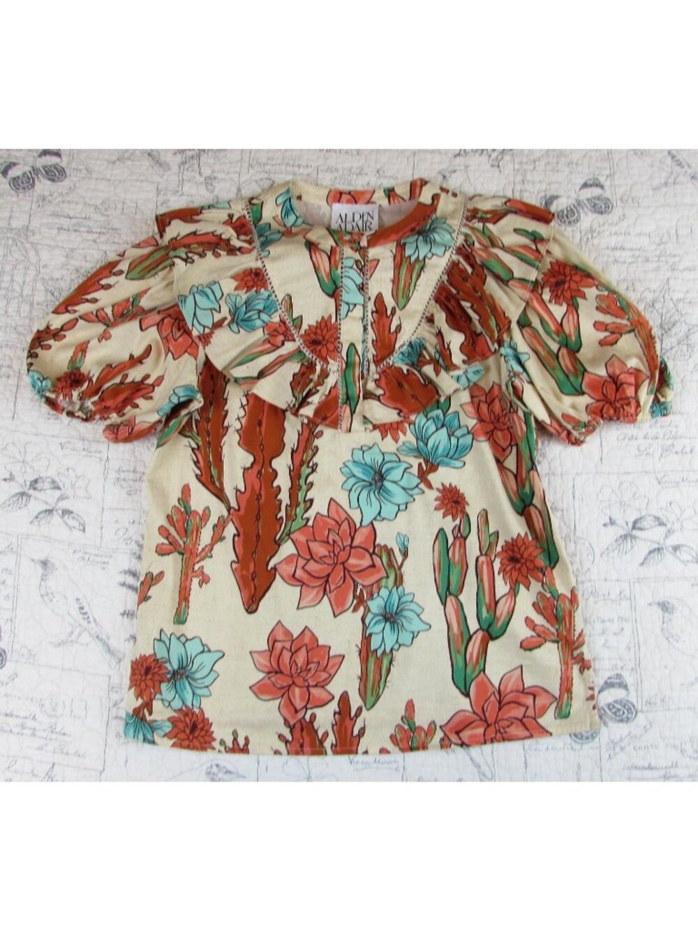 New $199 Alden Adair Puff Sleeve Ruffle Trim Cassidy Top Mirage Cactus Flower S